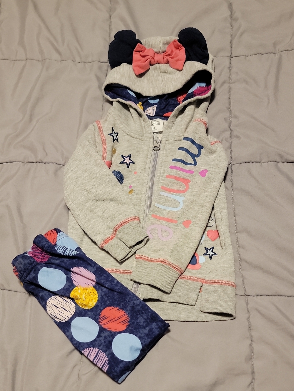 Disney Gray Hoodie Set with Navy Polka Dot Joggers and Pink Bow